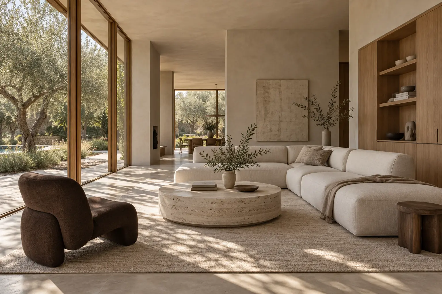 Sunlight across a warm interior concept with natural oak and limestone